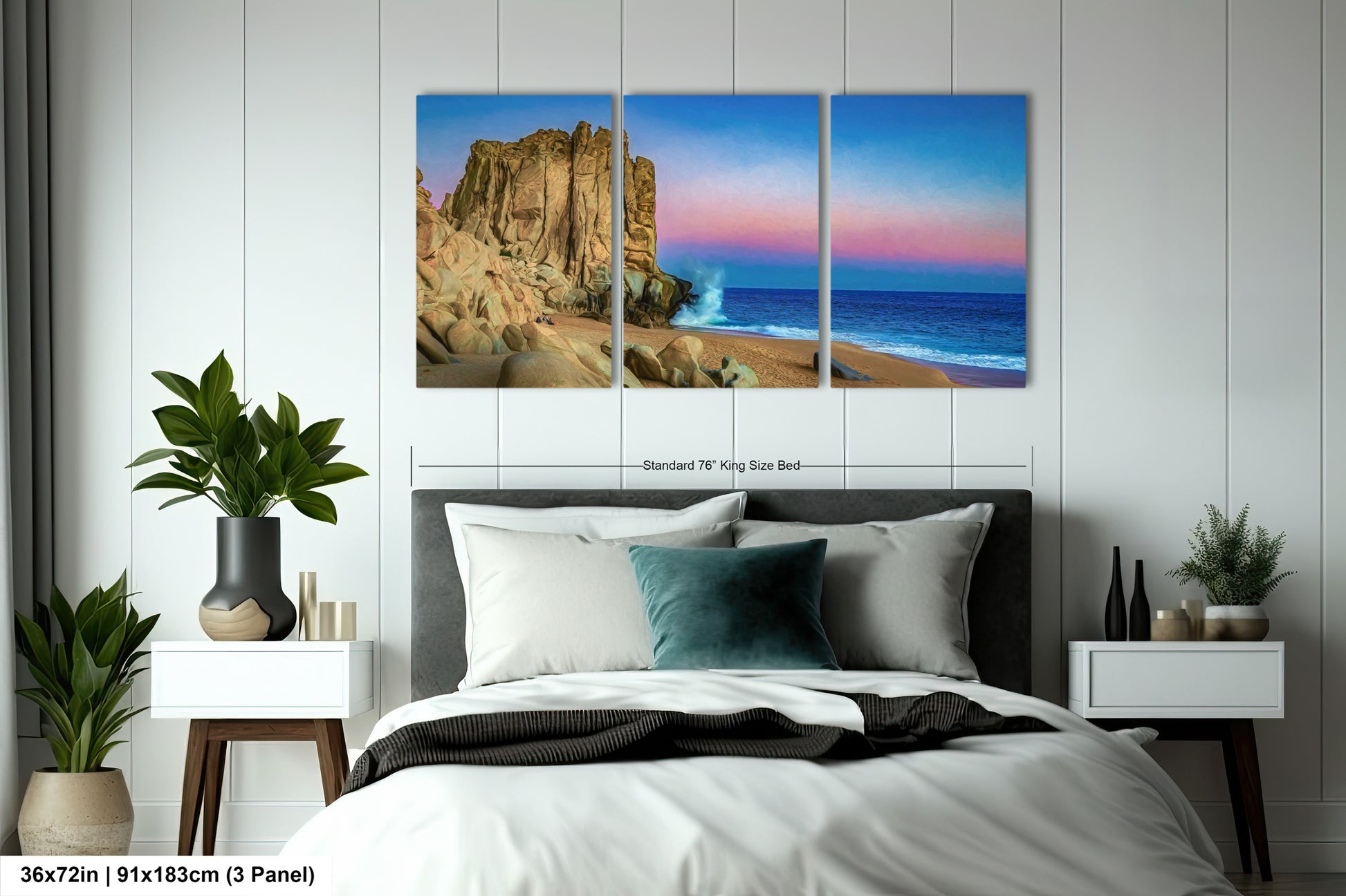 a bedroom scene with focus on the bed and the ocean