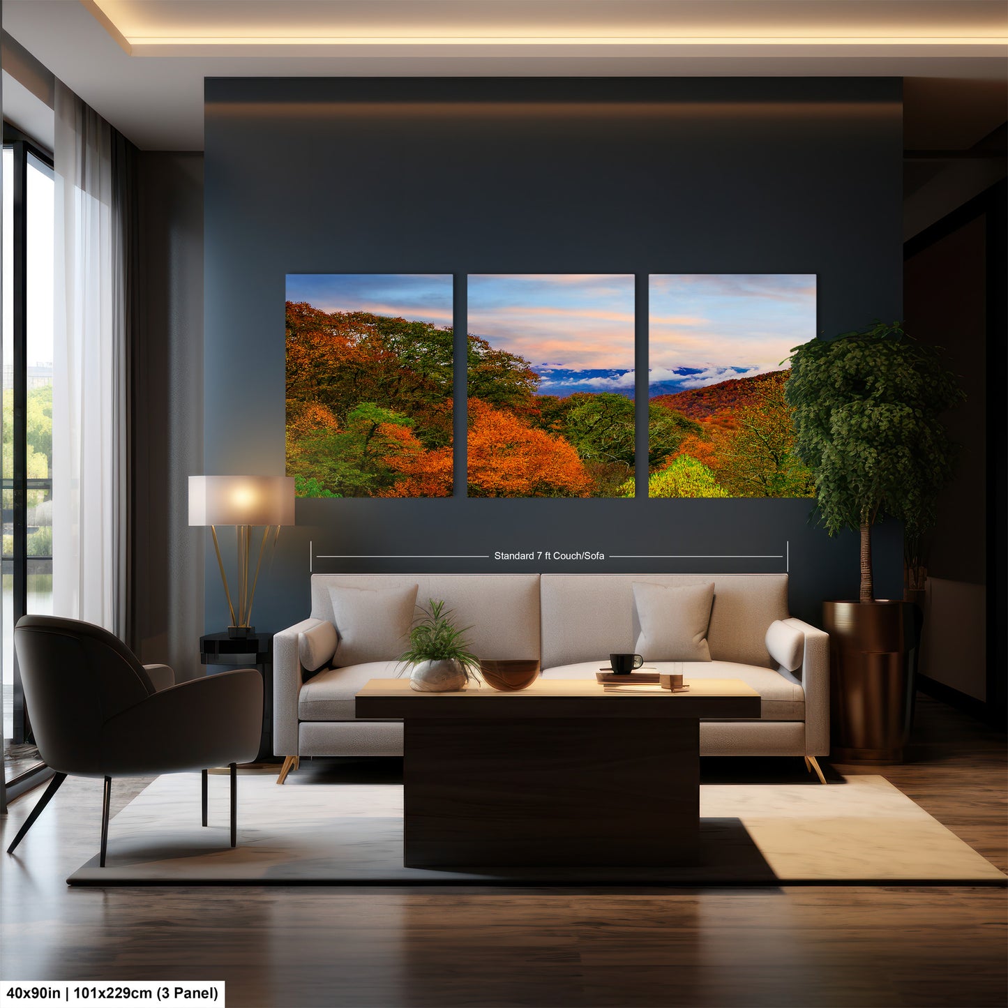 a living room filled with furniture and a painting on the wall