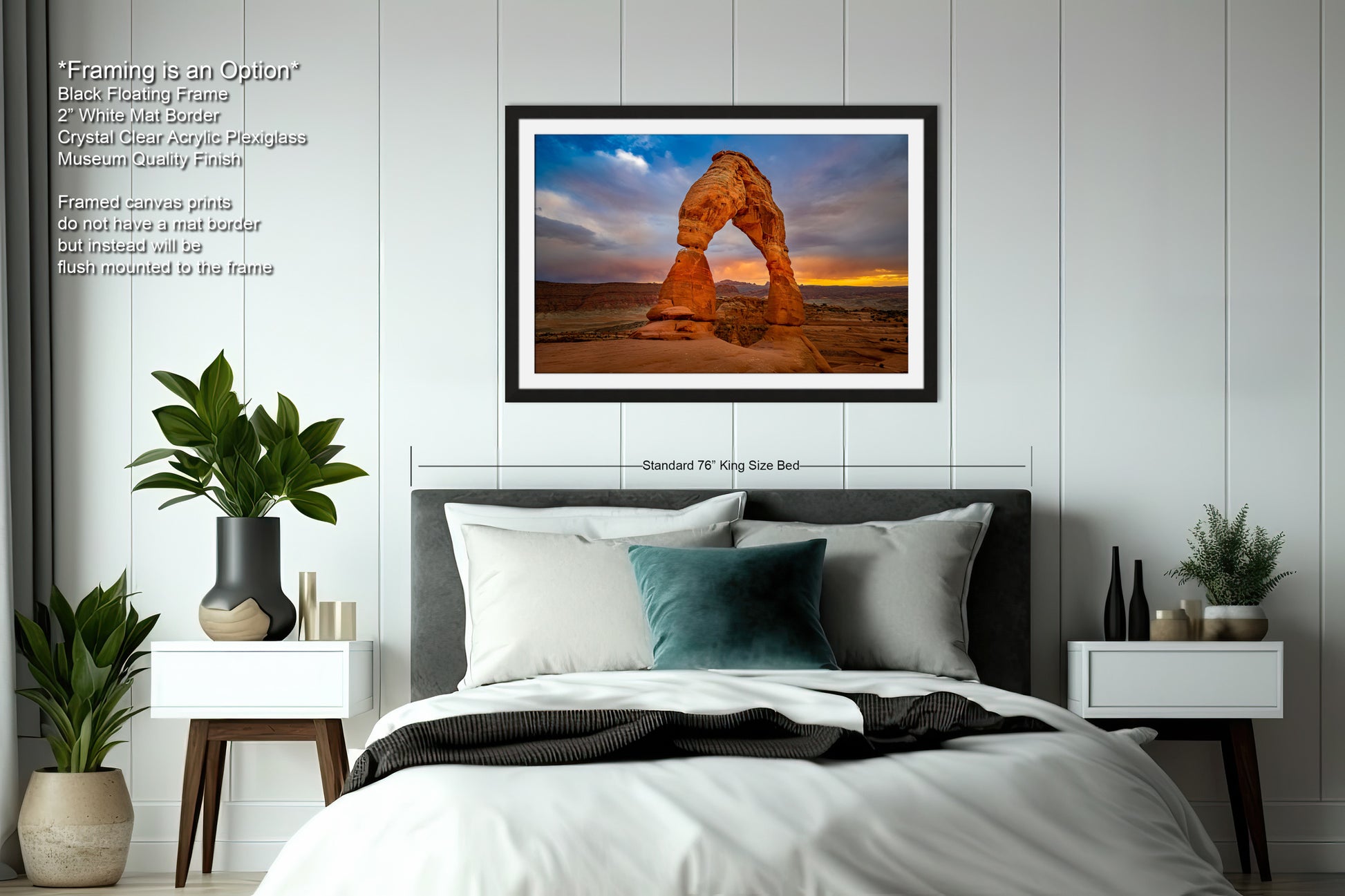 a bed in a room with a picture on the wall
