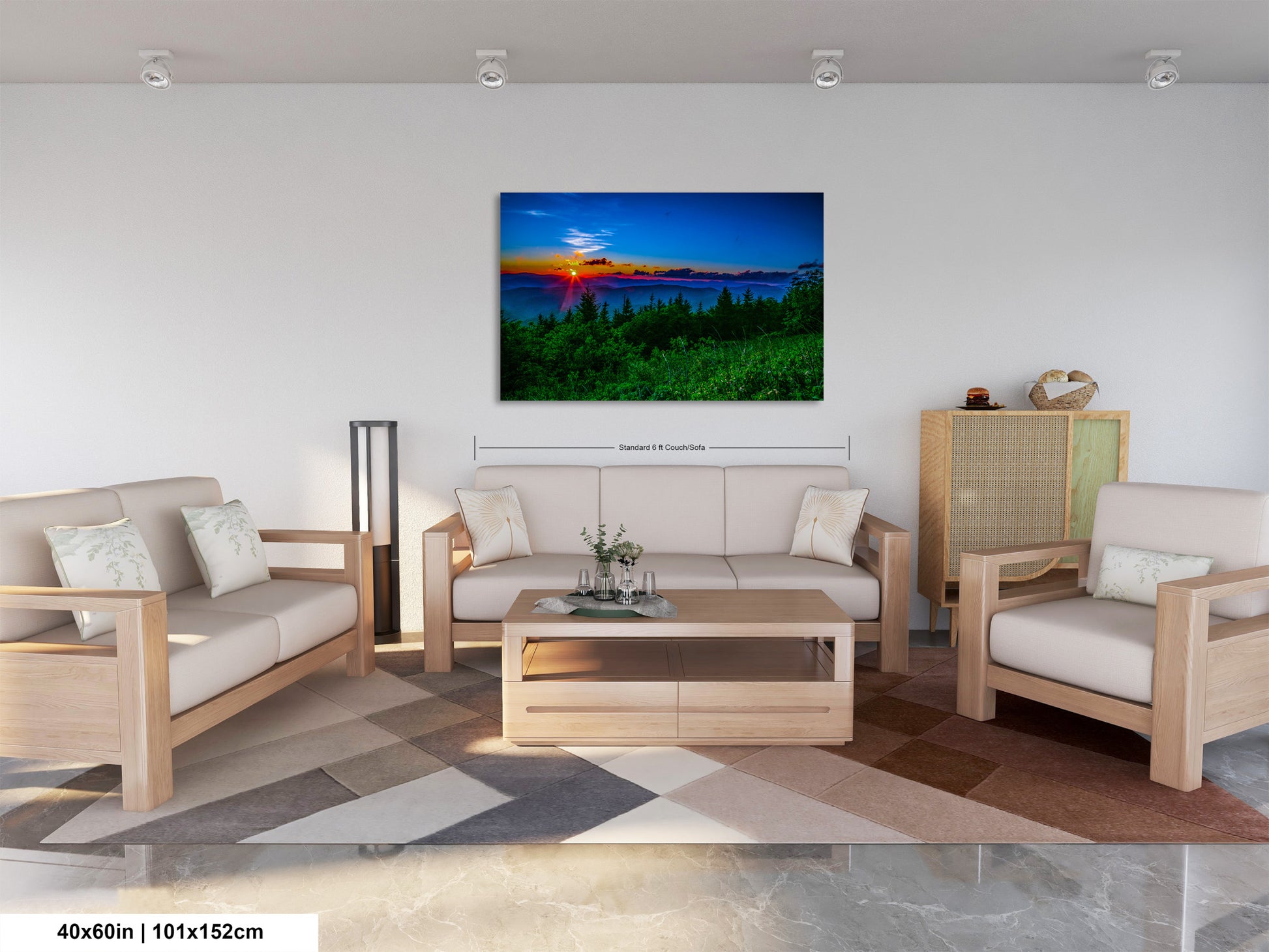 a living room filled with furniture and a painting on the wall