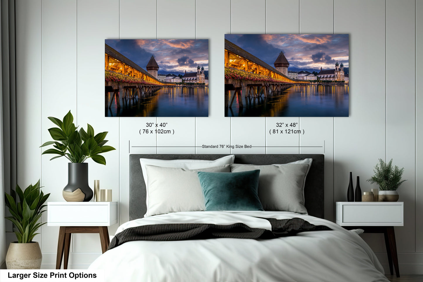 a bedroom with a bed and two pictures on the wall