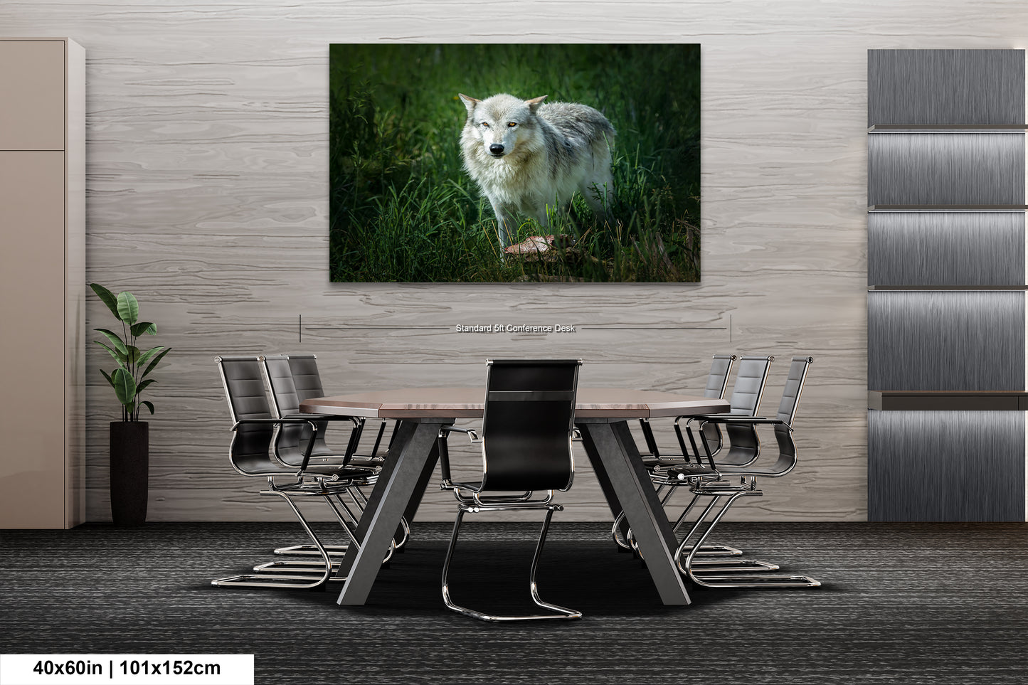 a white wolf standing in tall grass near a table