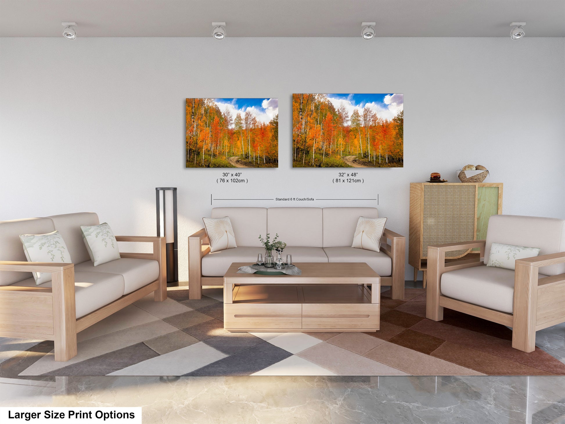 a living room filled with furniture and a painting on the wall
