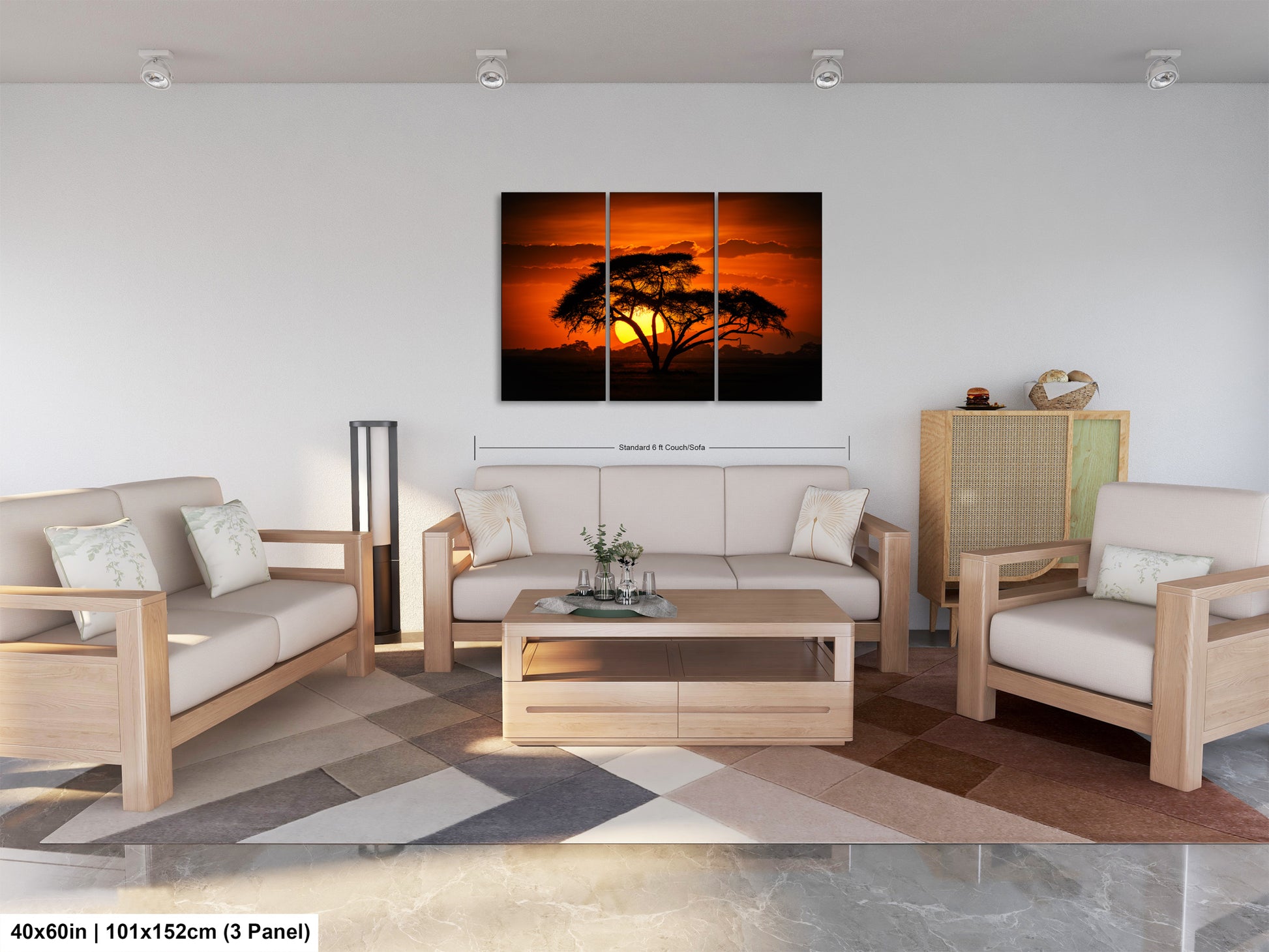 a living room filled with furniture and a painting on the wall