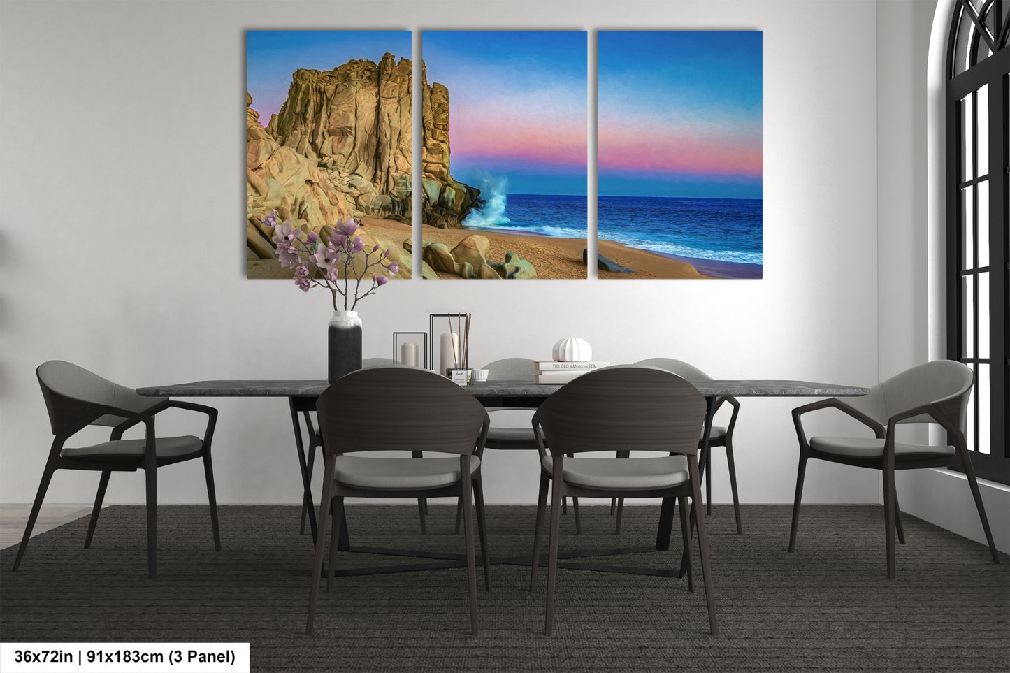 a dining room table with chairs and a painting on the wall