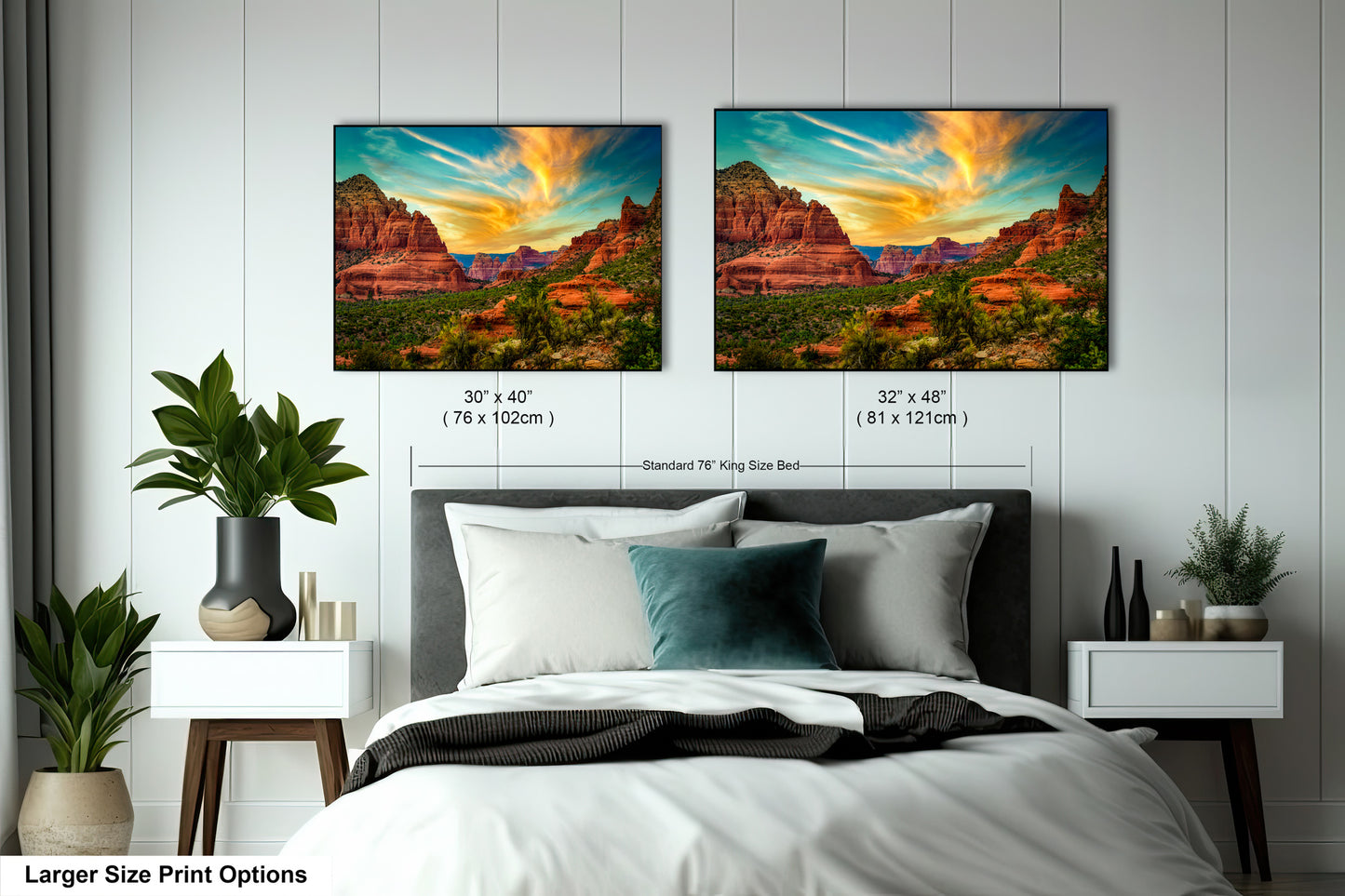 a bedroom with a bed and two pictures on the wall