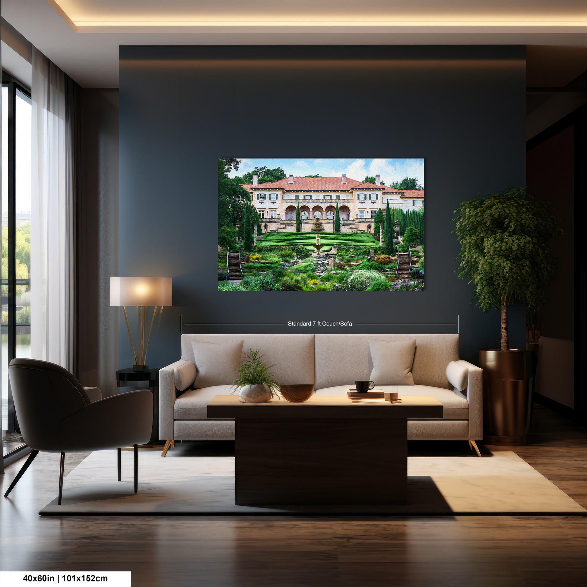 a living room filled with furniture and a painting on the wall