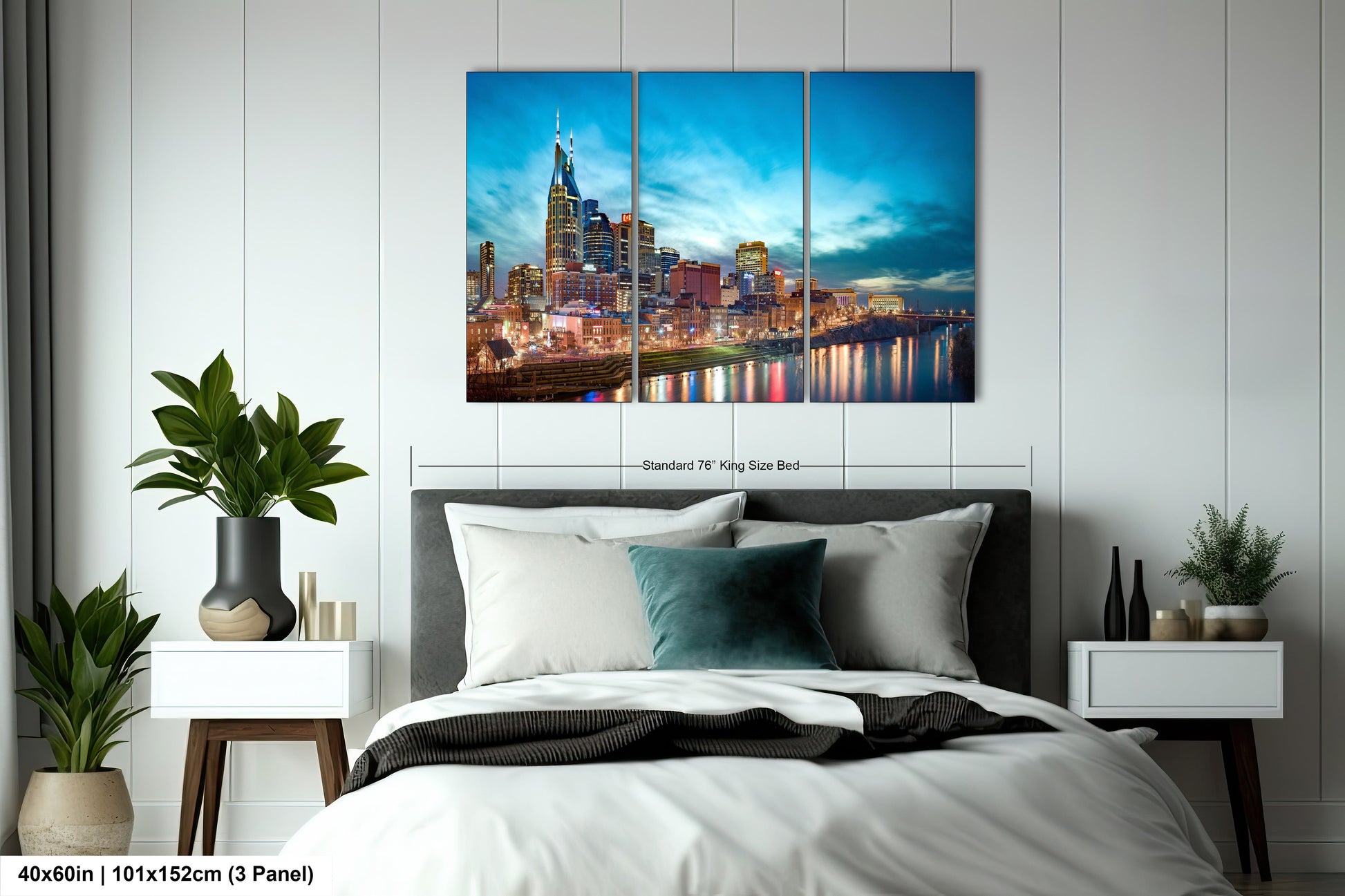 a bedroom with a bed and a painting on the wall