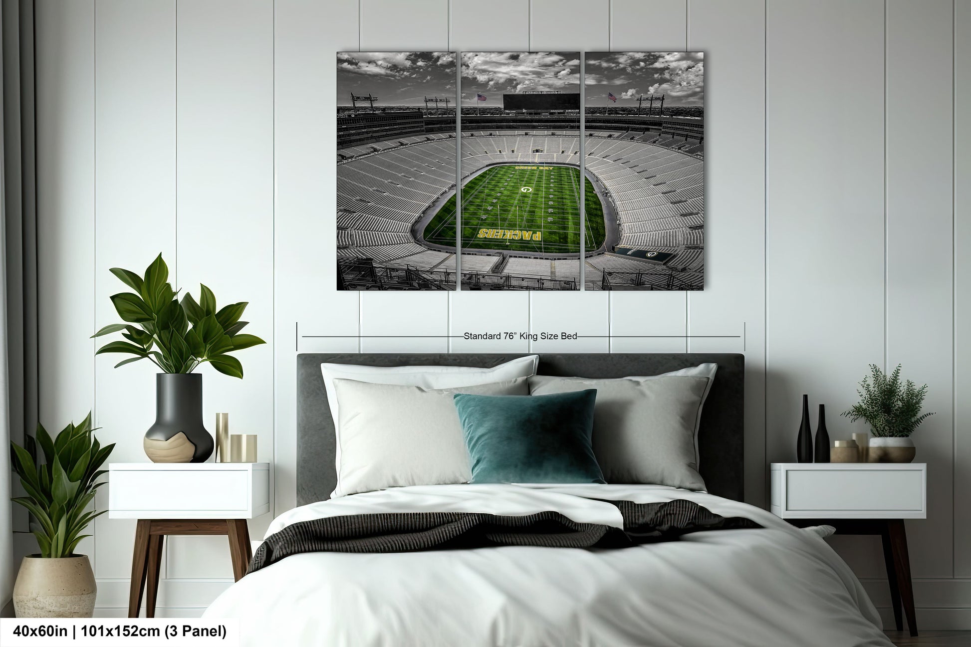 a bedroom with a bed and a picture of a football field
