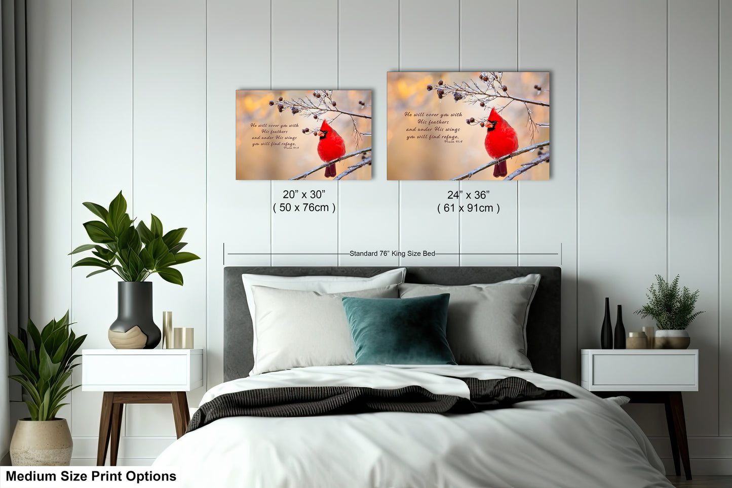 a bedroom with a bed and two pictures on the wall