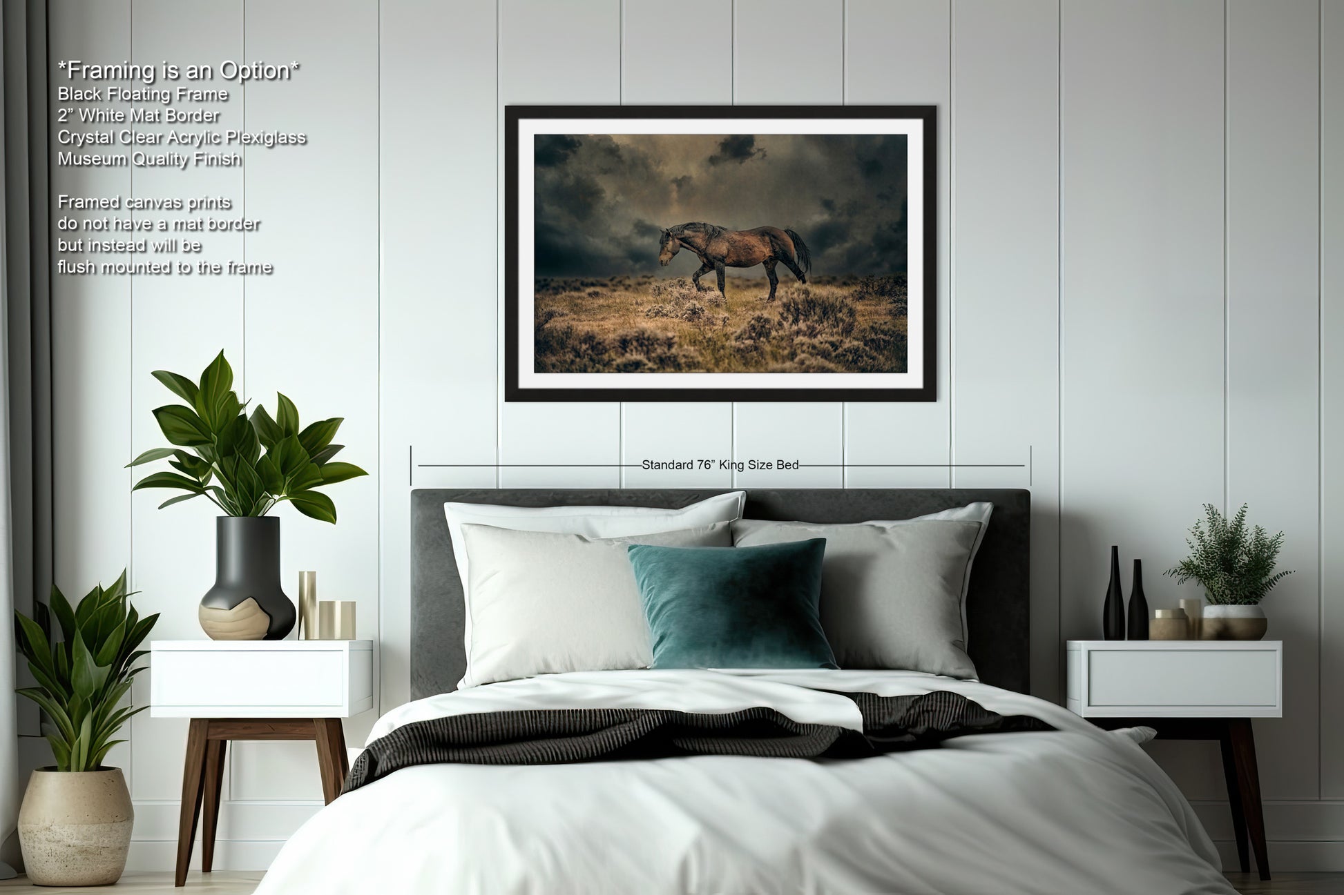 a bedroom with a bed and a picture of a horse on the wall
