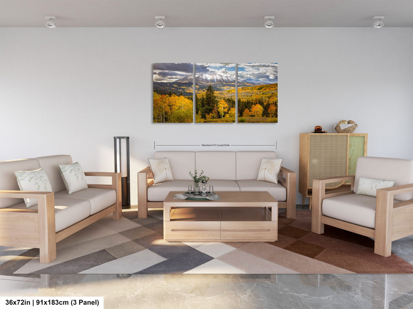 a living room filled with furniture and a painting on the wall