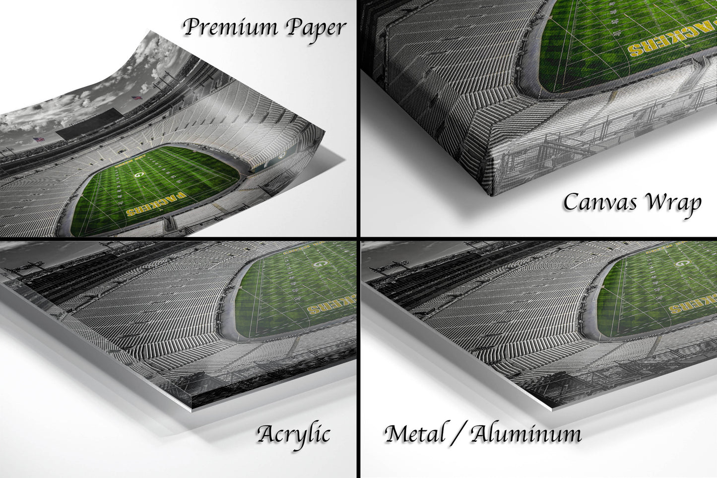 four different views of a football stadium