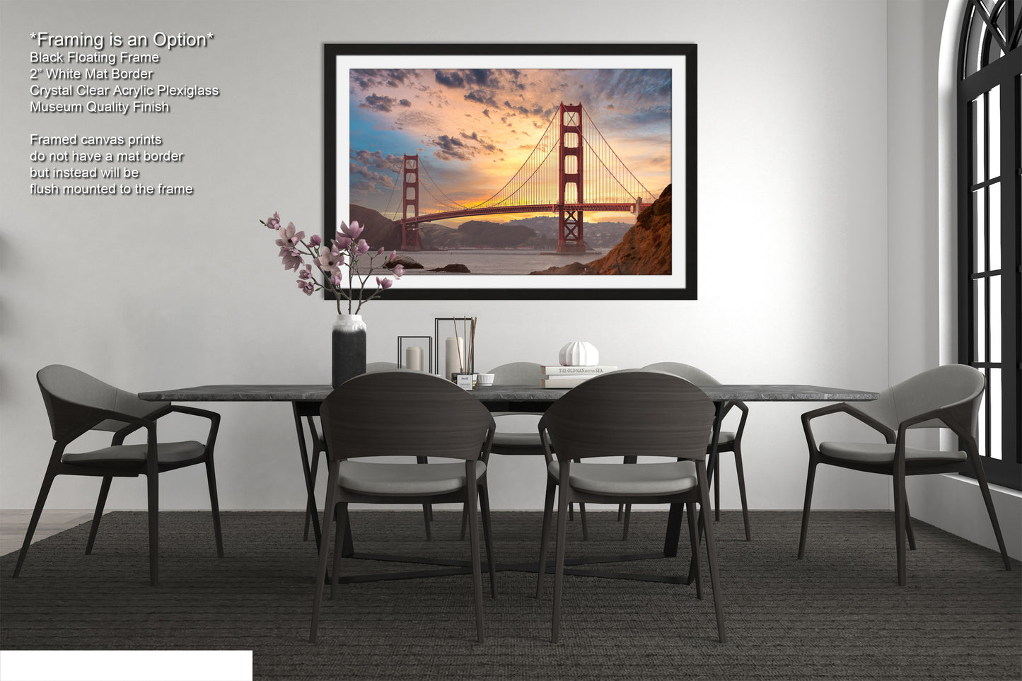 a picture of a dining room with a view of the golden gate bridge