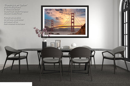 a picture of a dining room with a view of the golden gate bridge