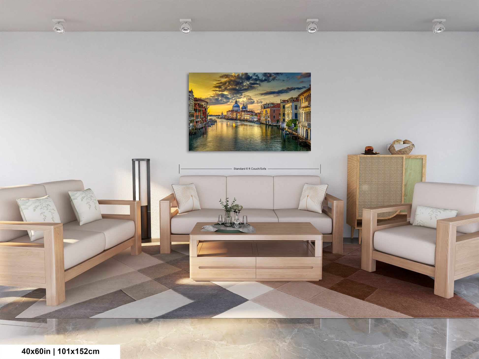 a living room filled with furniture and a painting on the wall