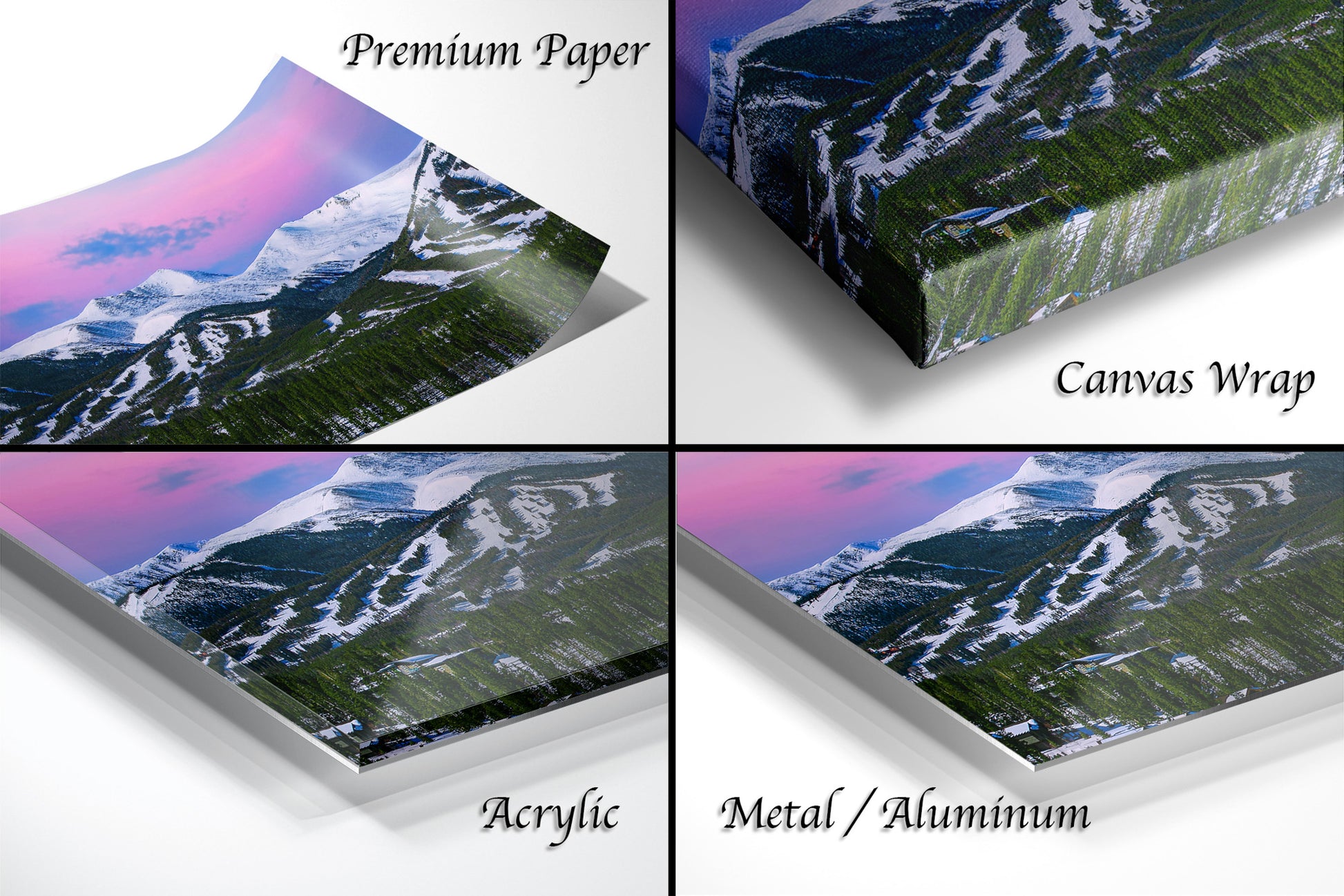 four images of a mountain with snow on it