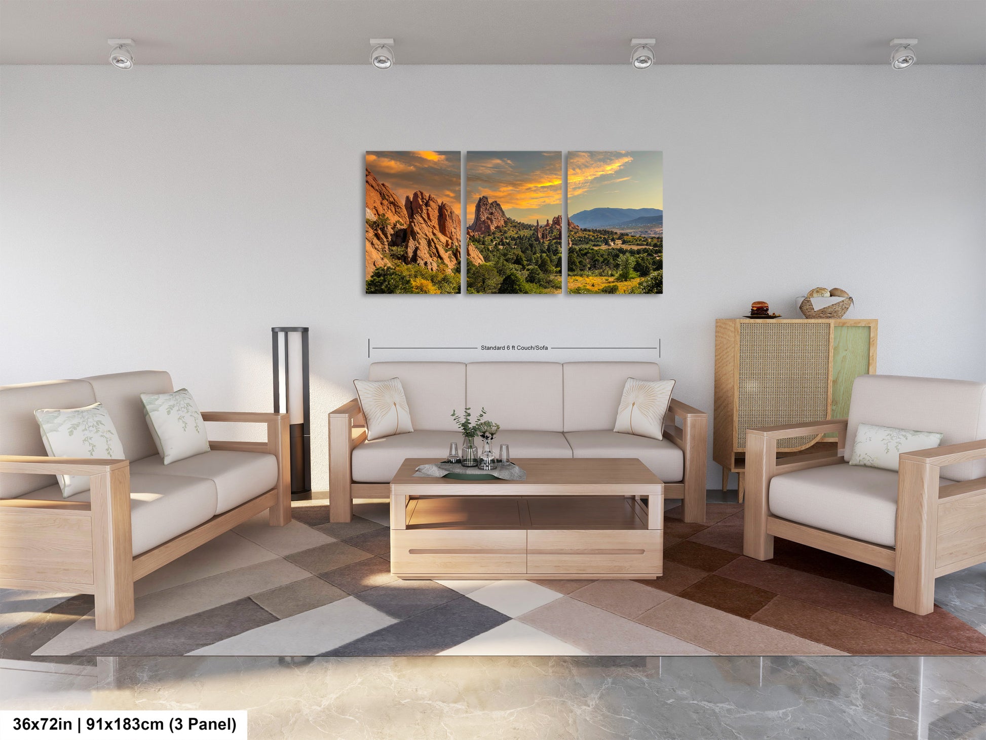 a living room filled with furniture and a painting on the wall