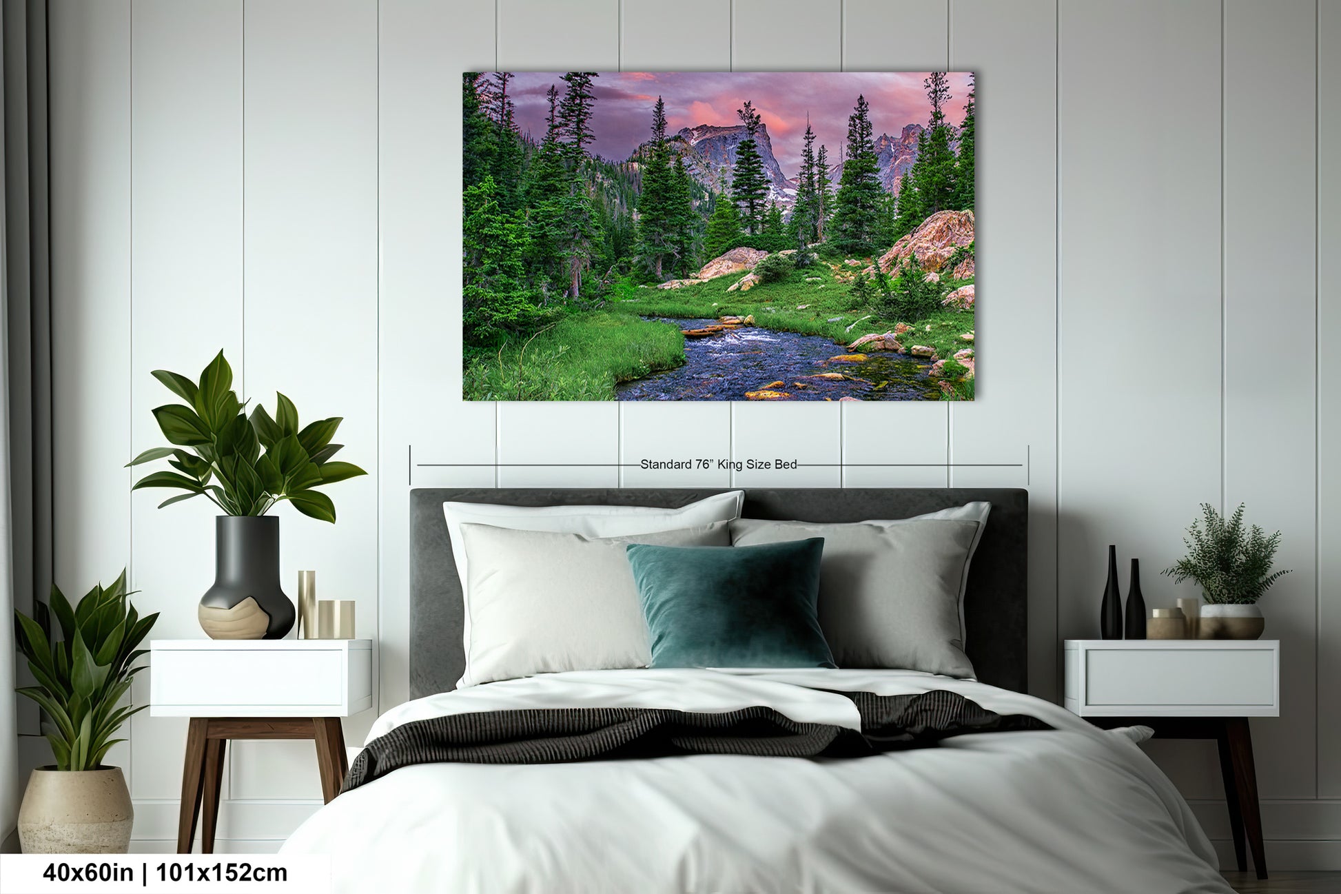 a bedroom with a bed and a painting on the wall