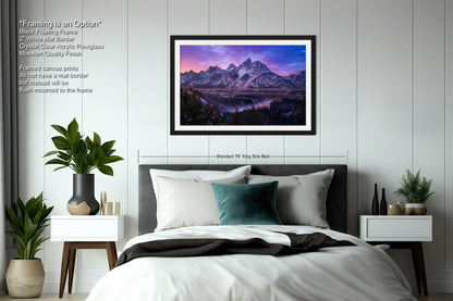 a bedroom with a bed and a painting on the wall