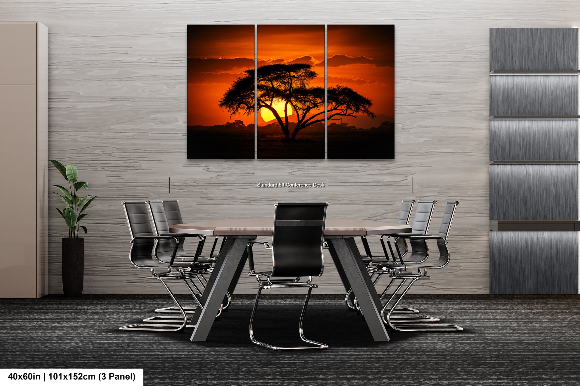 a dining room table with chairs and a painting on the wall