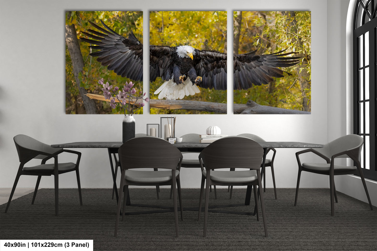 a table with four chairs and a large eagle on it