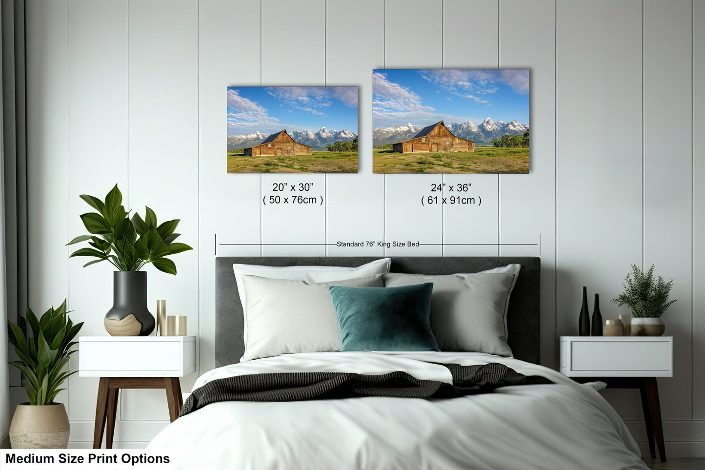 a bedroom with a bed and two pictures on the wall