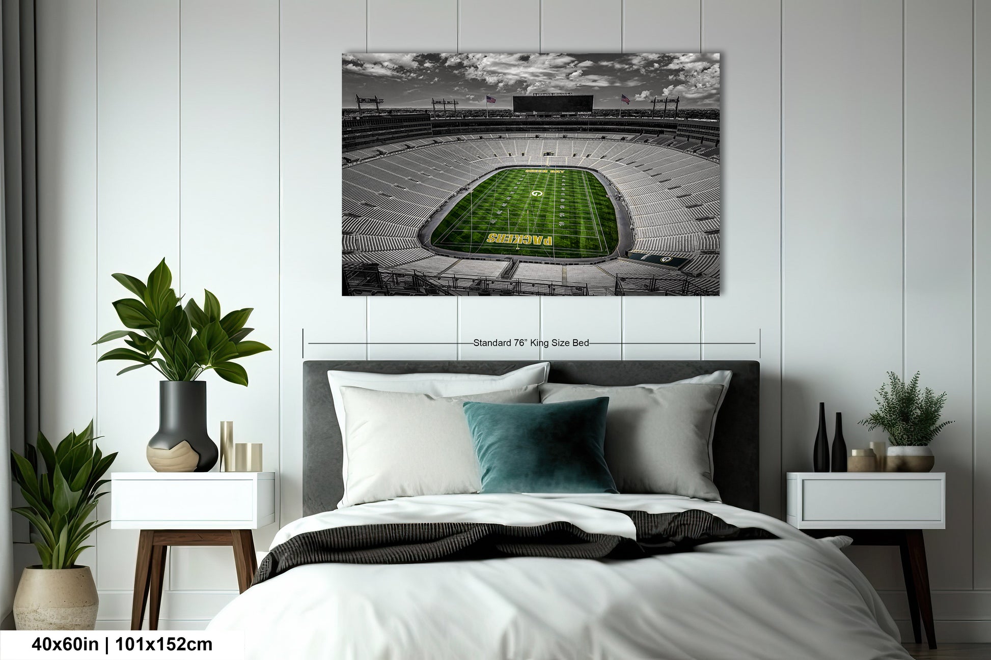a bed in a room with a picture of a football stadium
