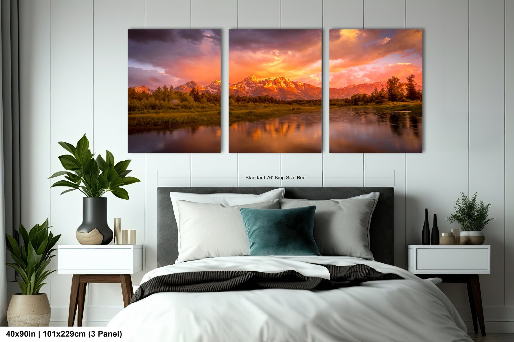 a bedroom with a bed and two paintings on the wall