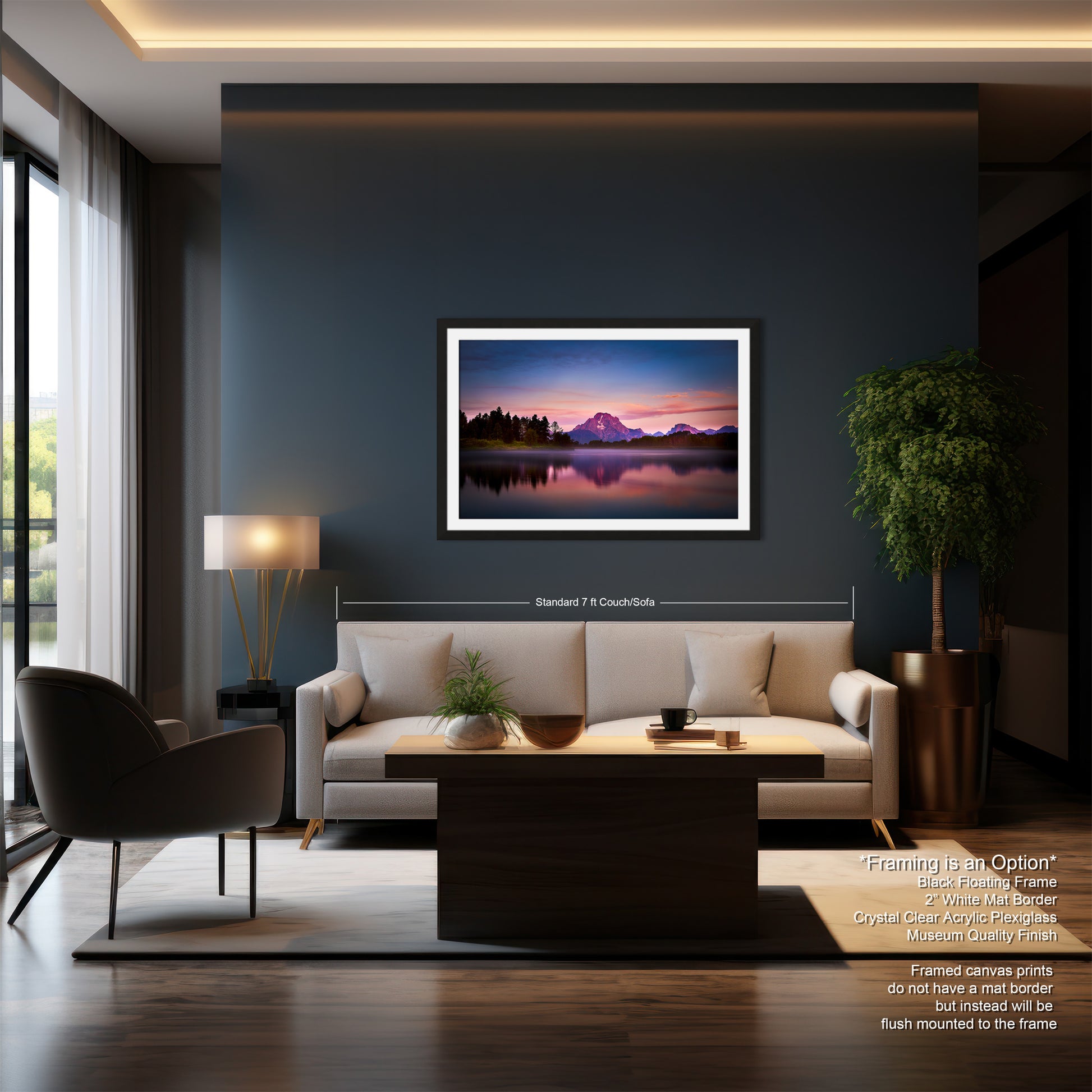 a living room filled with furniture and a painting on the wall