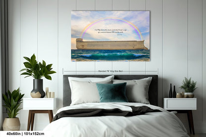 a bedroom scene with a bed and a painting on the wall