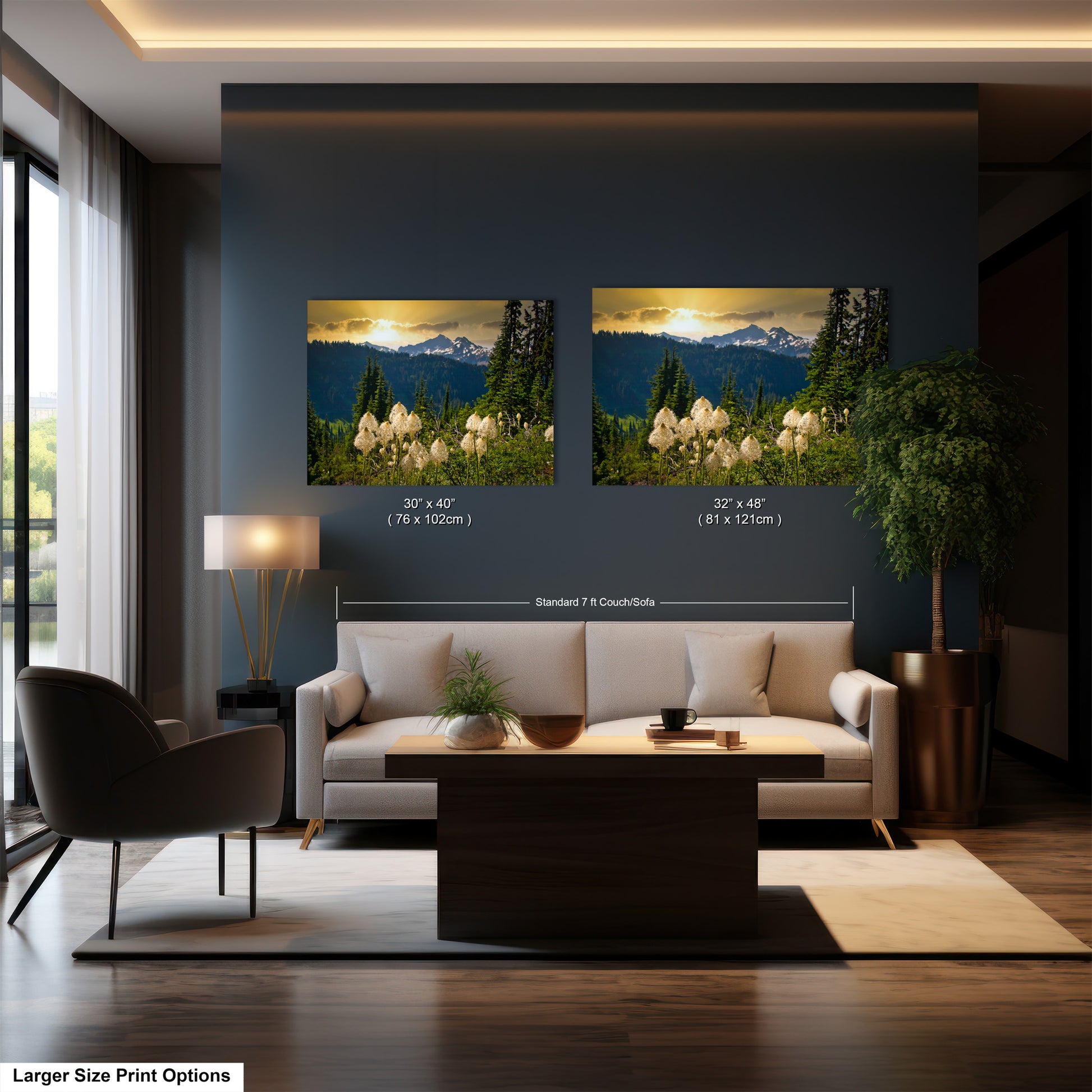 a living room with two paintings on the wall