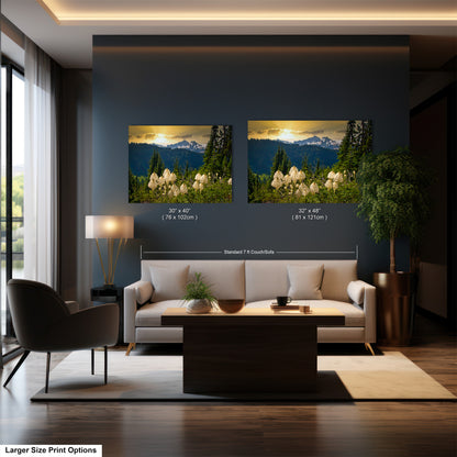 a living room with two paintings on the wall