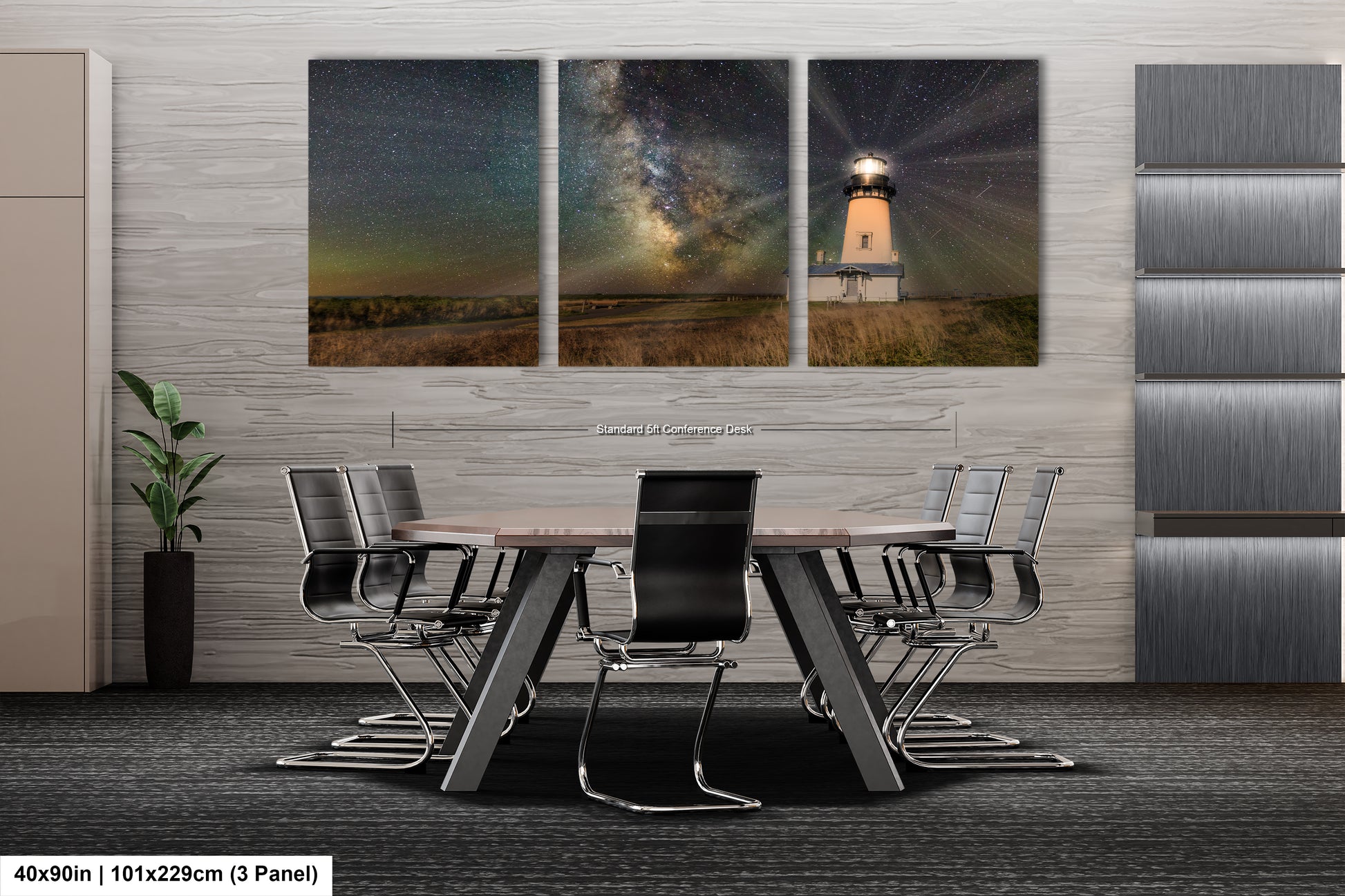 a dining room table with chairs and a table with a light house on it