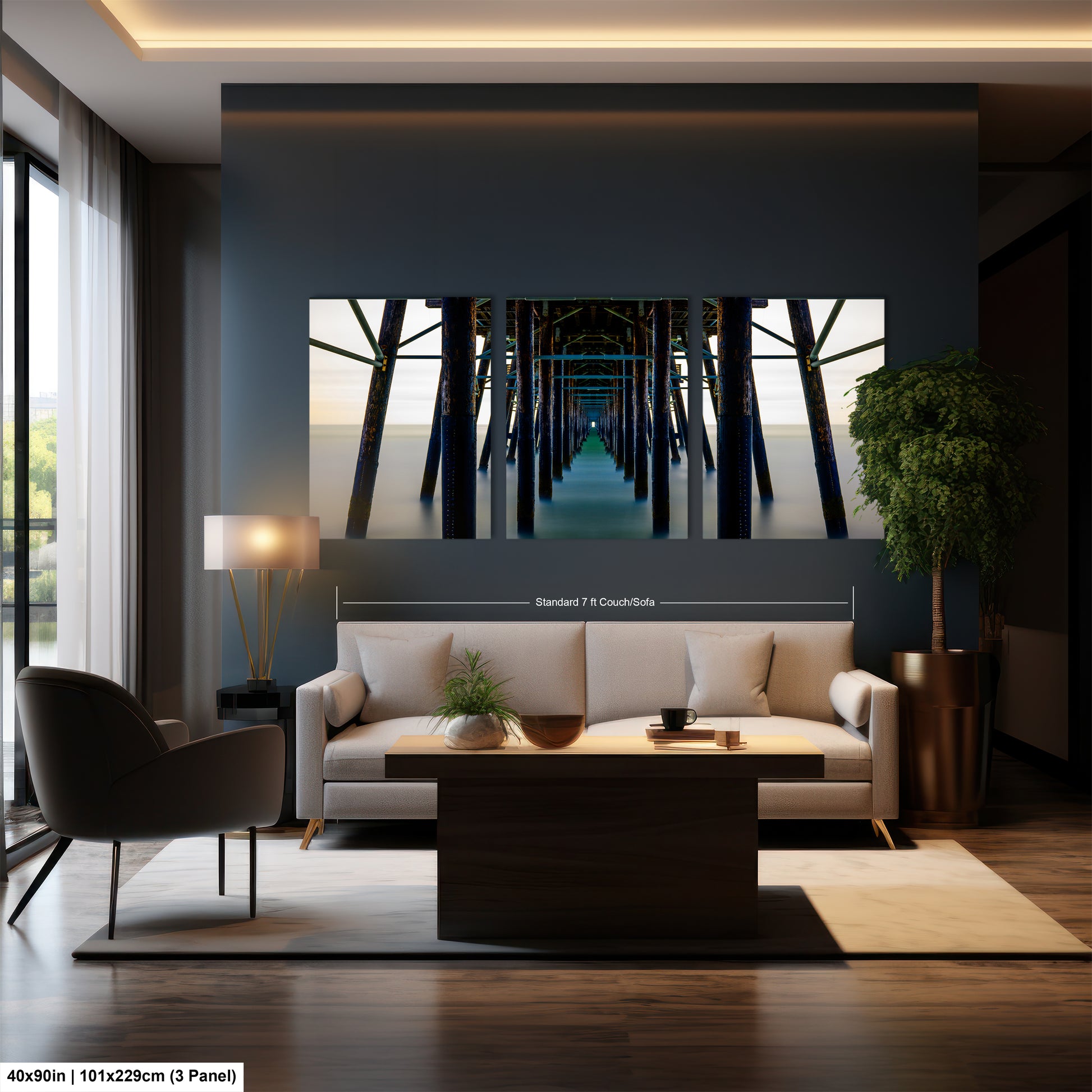 a living room with a couch a table and a painting on the wall