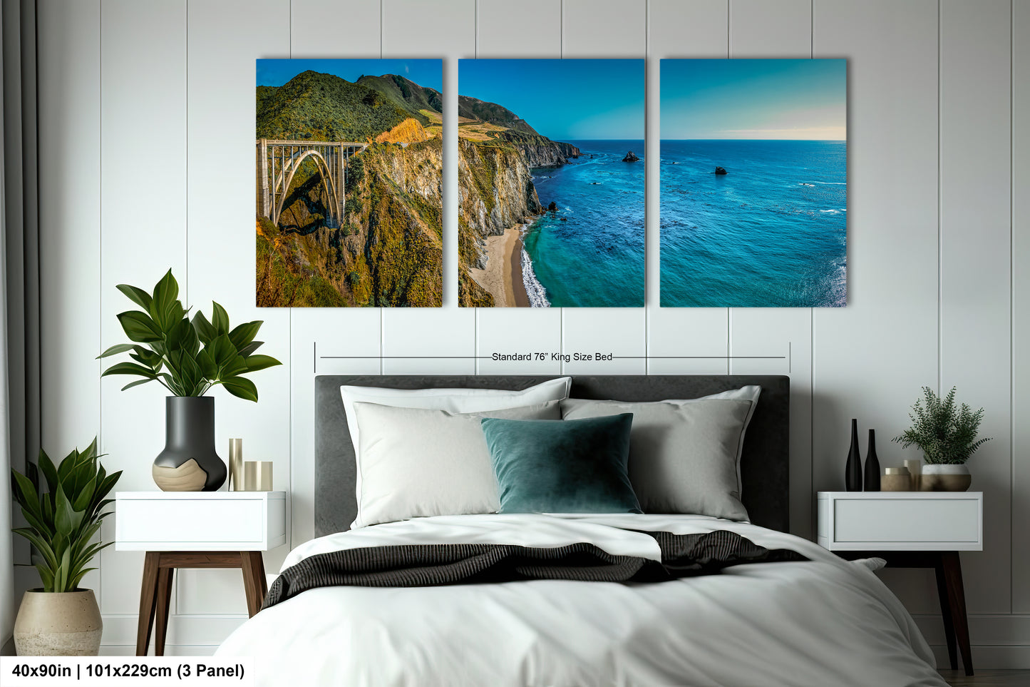 a bed room with a neatly made bed and three pictures on the wall