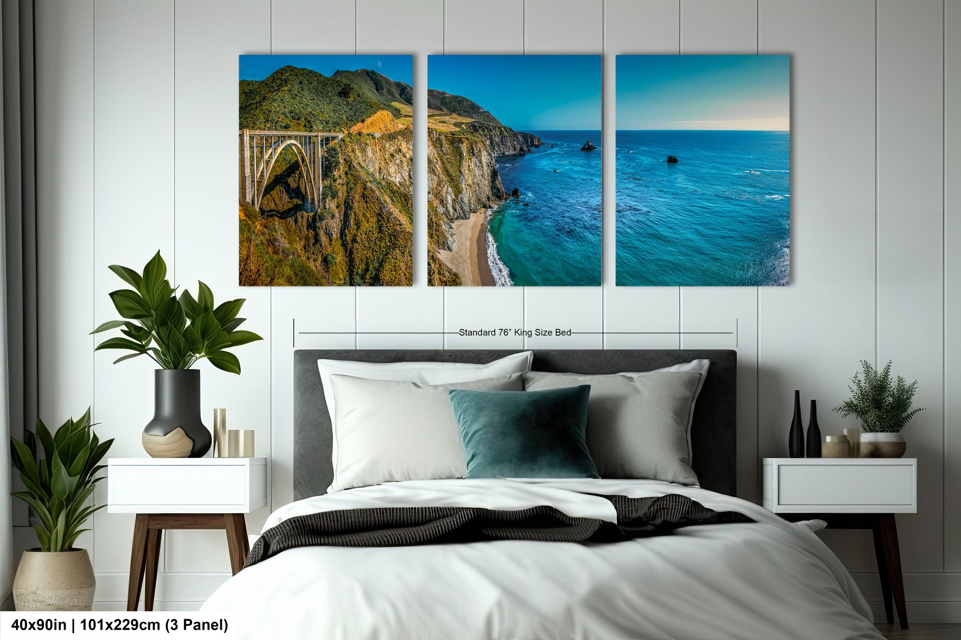 a bed room with a neatly made bed and three pictures on the wall