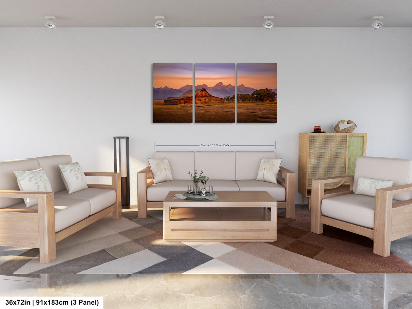 a living room filled with furniture and a painting on the wall