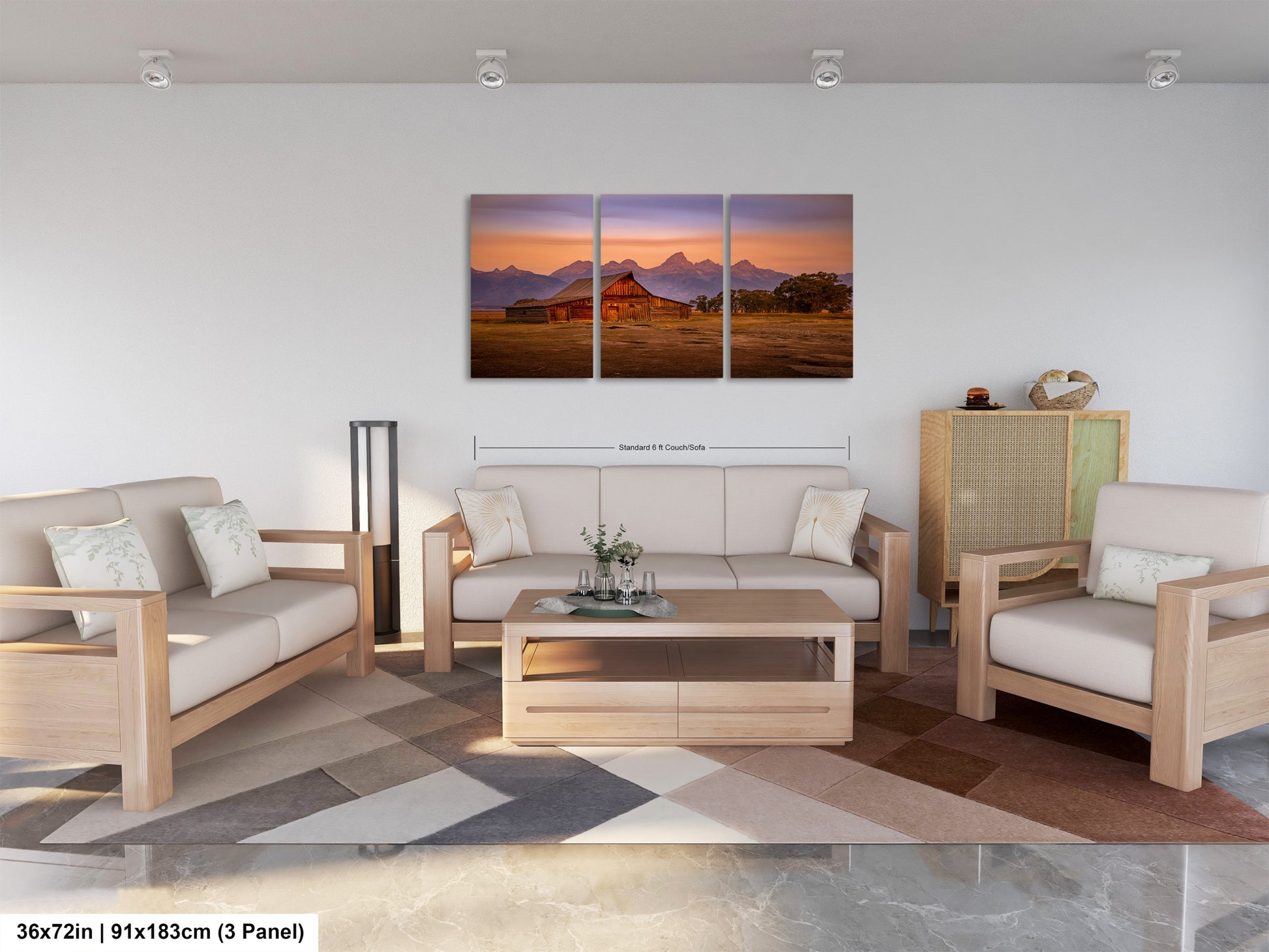 a living room filled with furniture and a painting on the wall