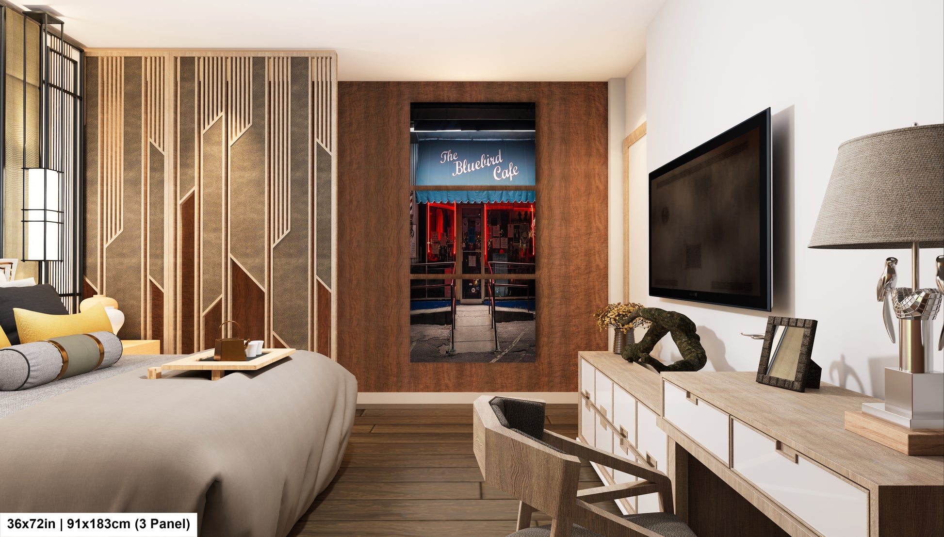 a bed room with a neatly made bed and a flat screen tv