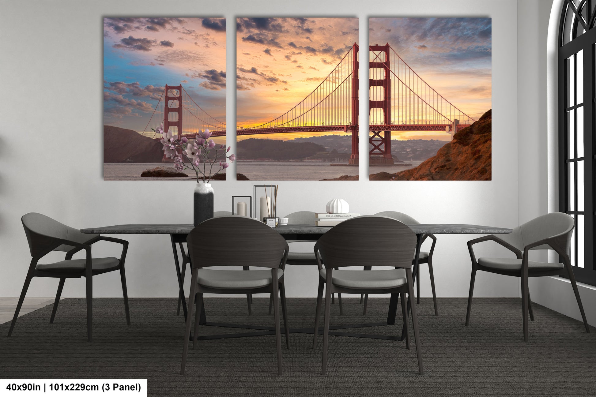 a dining room table with a view of the golden gate bridge