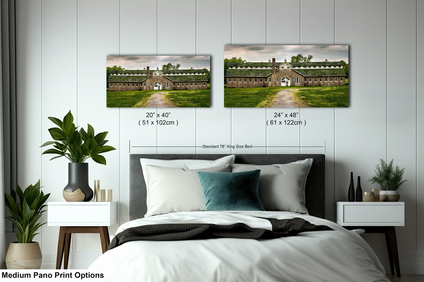 a bed room with a neatly made bed and two pictures on the wall
