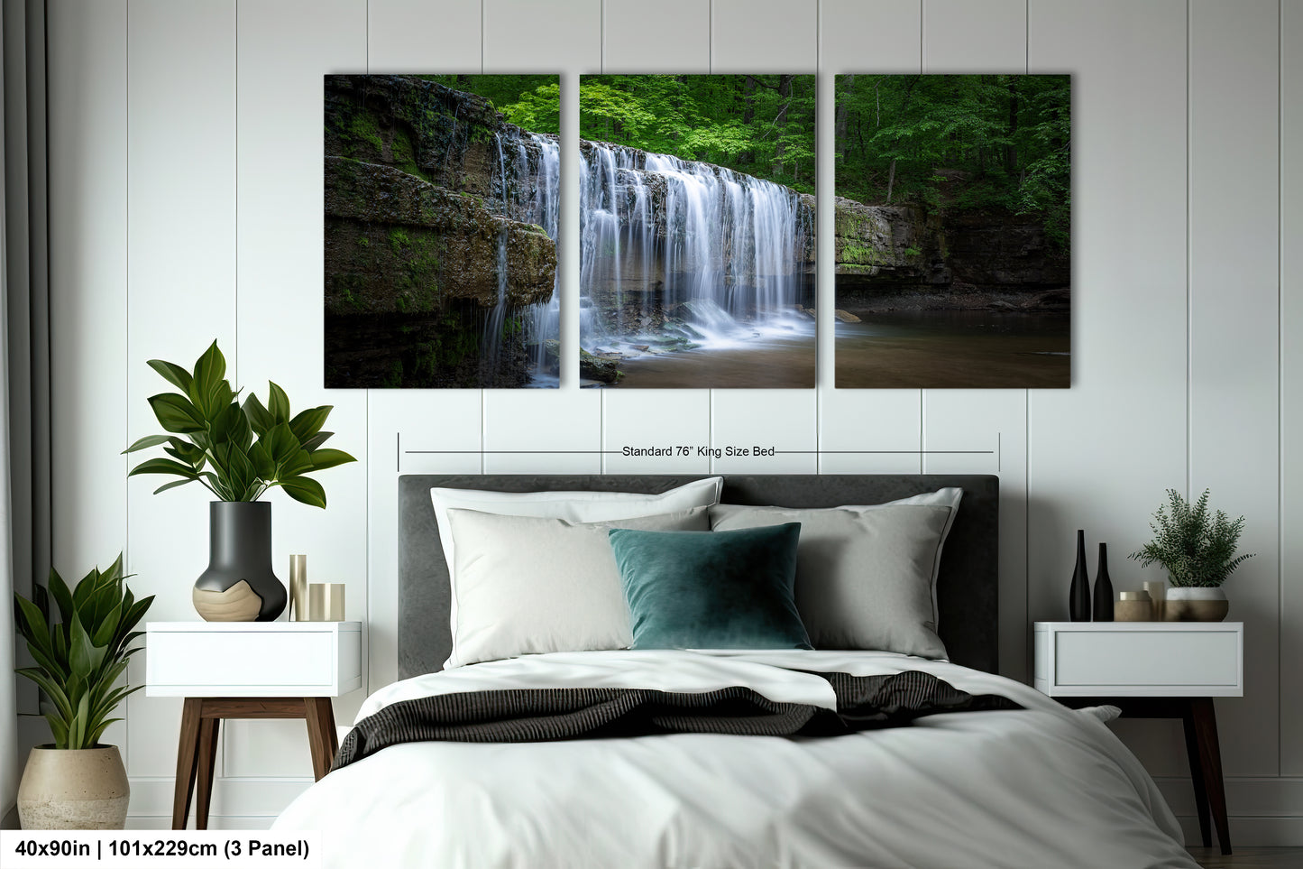 a bedroom scene with focus on the bed and the waterfall