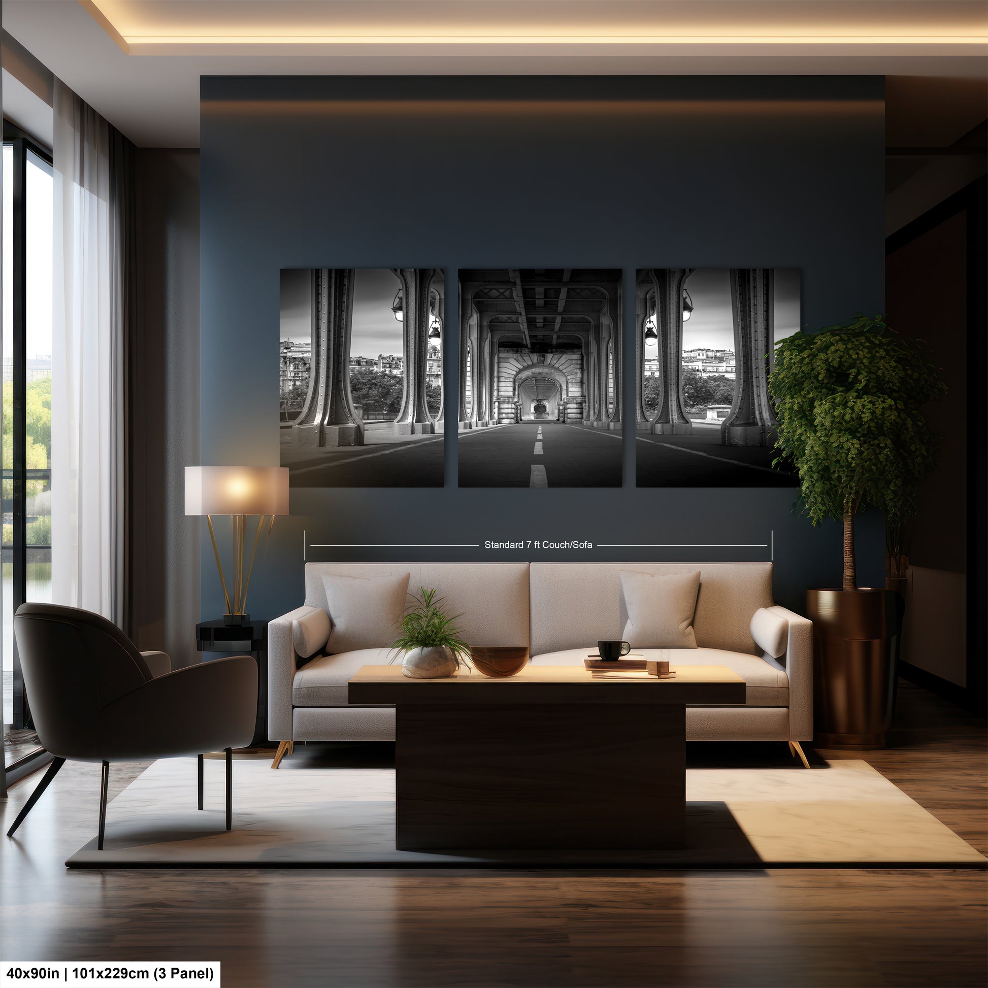 a living room filled with furniture and a large window