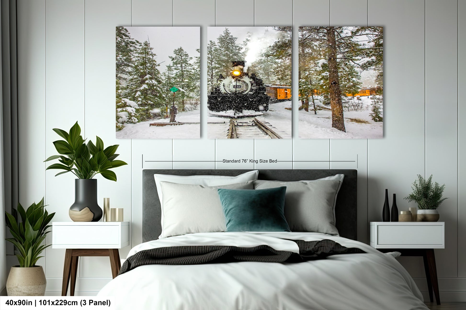 a bed room with a neatly made bed and paintings on the wall