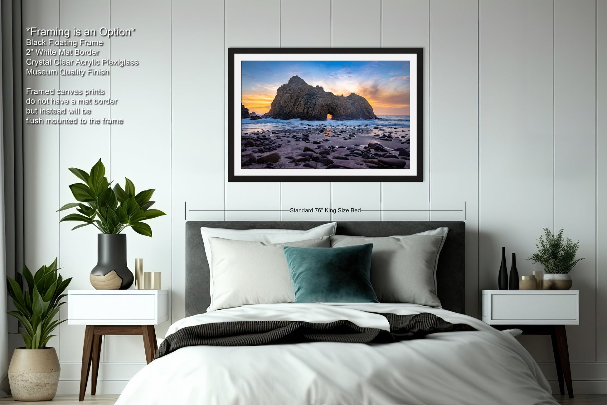 a bedroom with a bed and a picture on the wall