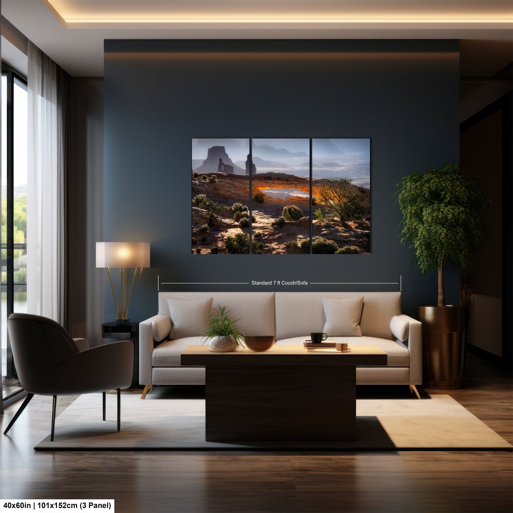 a living room with a couch a table and a painting on the wall