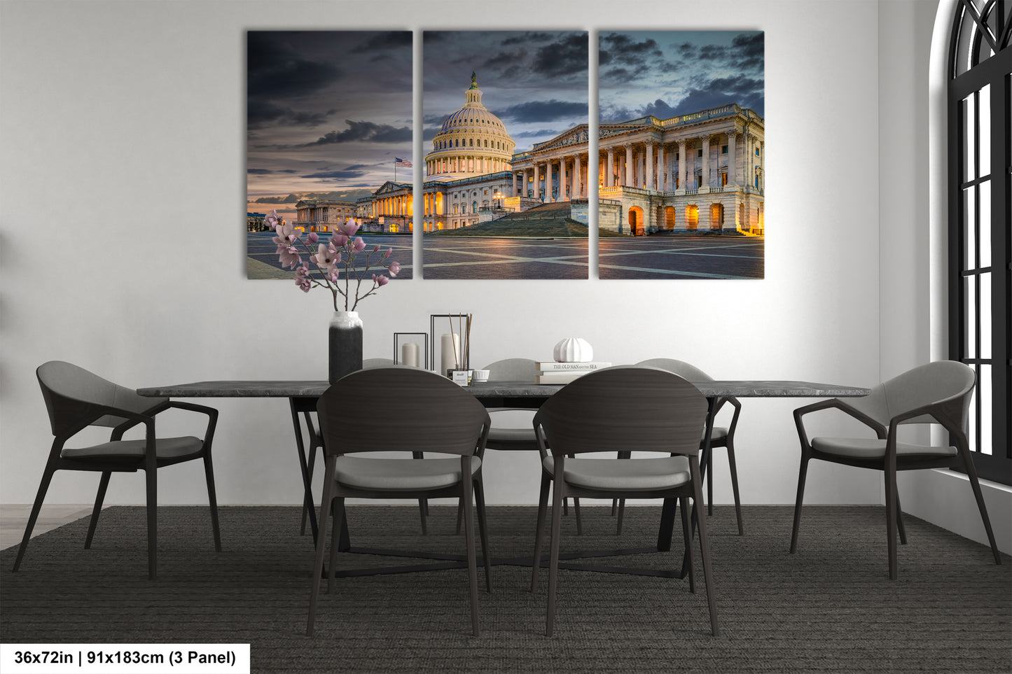 a dining room with a table and chairs