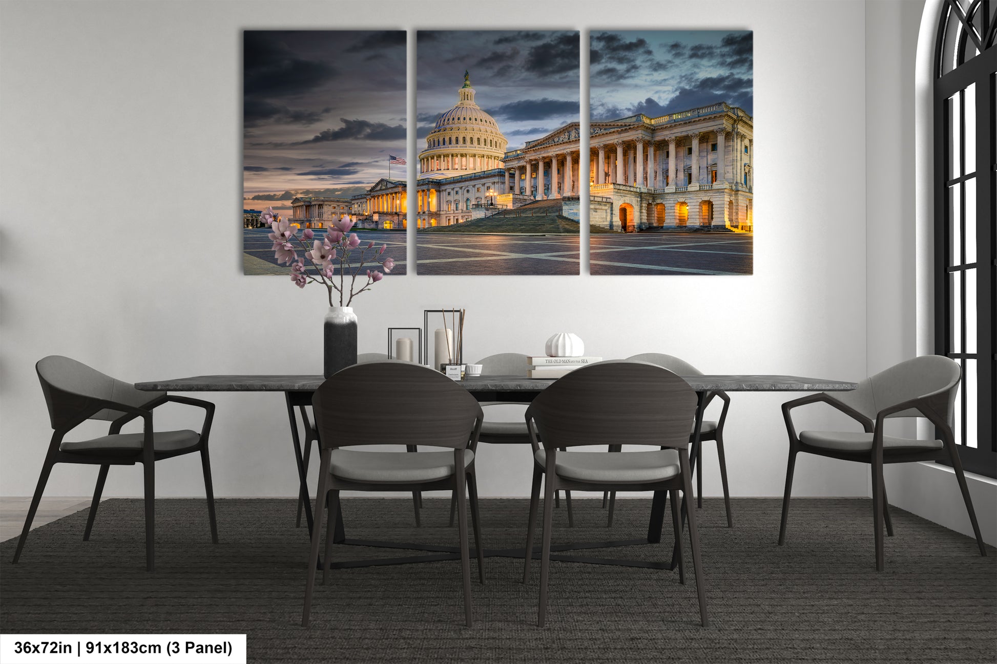 a dining room with a table and chairs