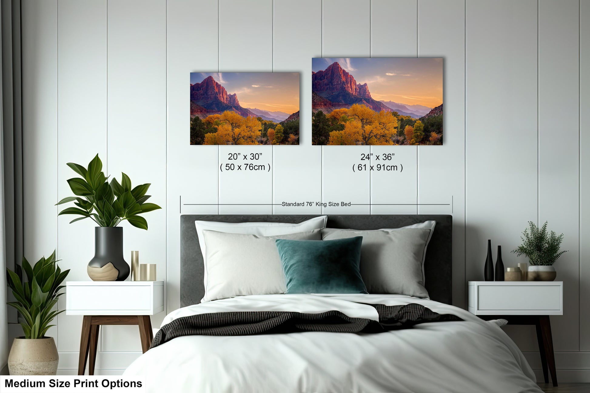 a bedroom with a bed and two pictures on the wall